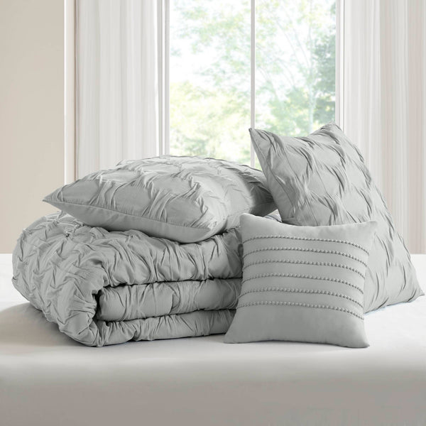 JLA Home Comfort Spaces - Diamond Ruched Ogee Comforter Set with Crinkle Texture, Breathable All-Season Warmth & OEKO-TEX Gray AM10-0161