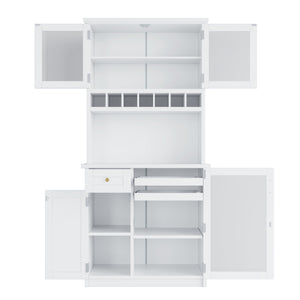 English Elm Topmax Farmhouse Buffet Hutch with Wine Rack Shaker Glass Pantry Cabinet White N717P327043K