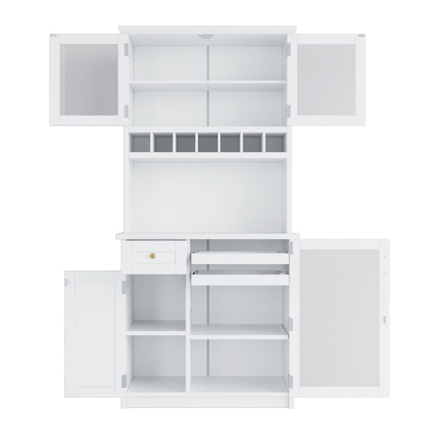 English Elm Topmax Farmhouse Buffet Hutch with Wine Rack Shaker Glass Pantry Cabinet White N717P327043K