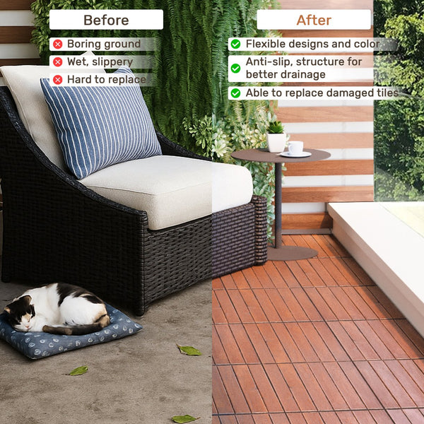 English Elm 30 Interlocking Deck Tiles 12" Square Acacia Hardwood Striped Outdoor Flooring Waterproof DIY Brown W2391P276690