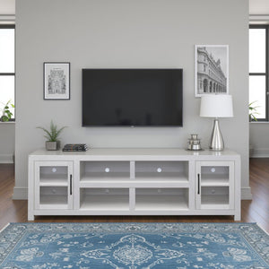 English Elm Haven 82" TV Stand with Glass Doors & Cable Management, Oak Veneer, Fully Assembled White Finish B108P364416