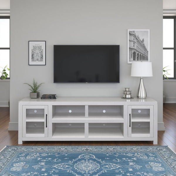 English Elm Haven 82" TV Stand with Glass Doors & Cable Management, Oak Veneer, Fully Assembled White Finish B108P364416