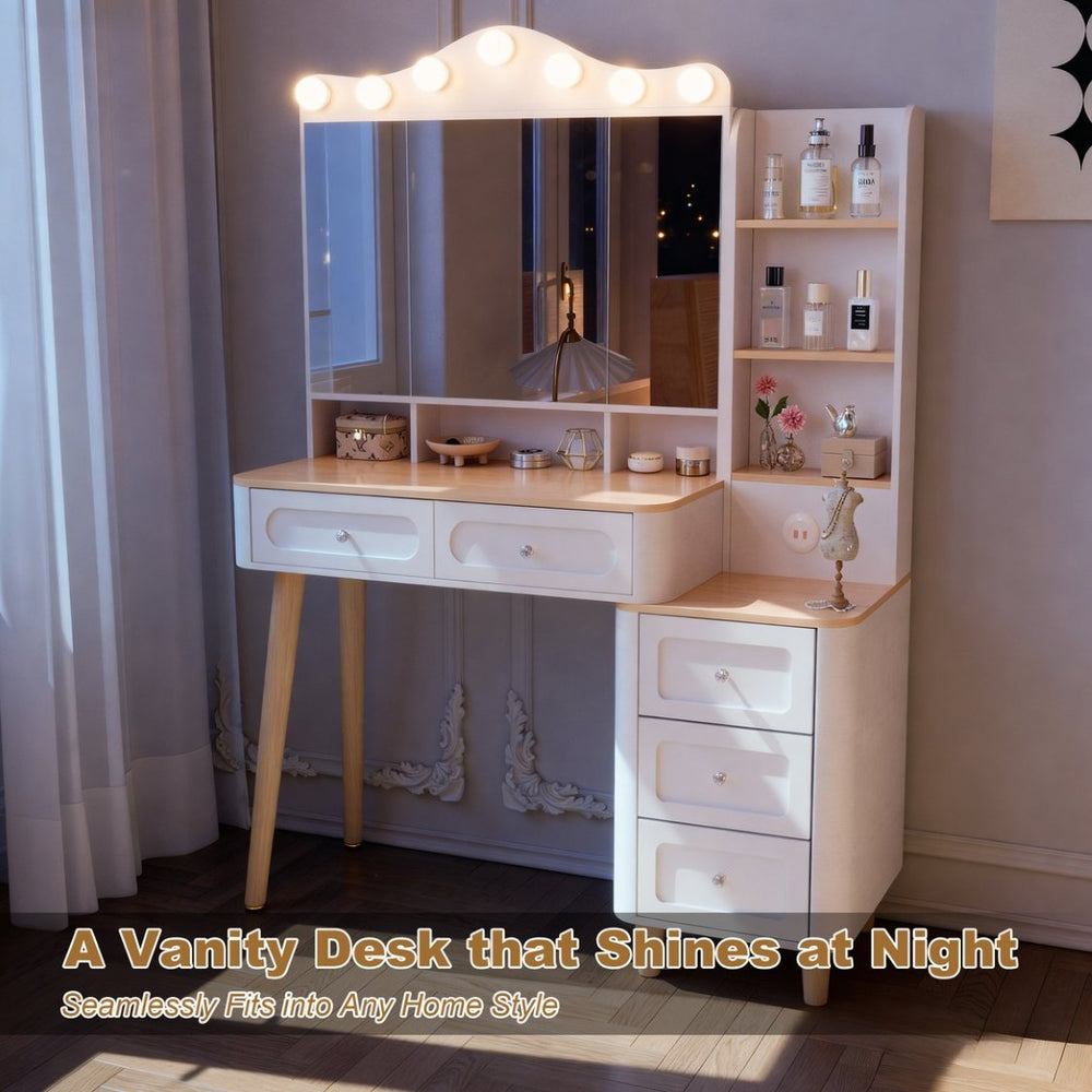 English Elm Vanity Desk With 3 Lighting Modes, Usb Ports, Foldable Mirror & Ample Storage For Small Spaces W3767S00001-GIGA