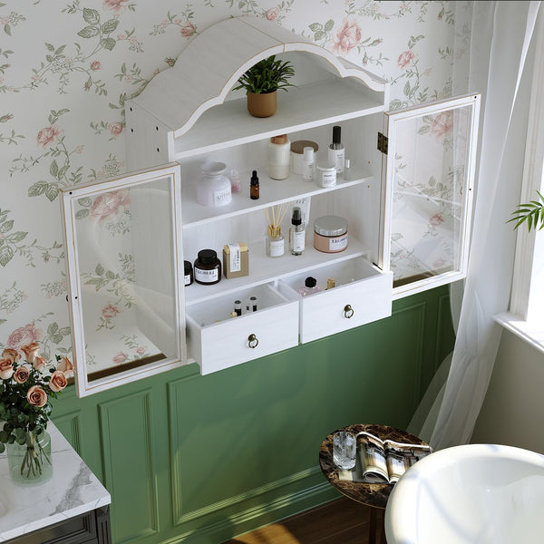 English Elm Vintage Solid Wood Wall Cabinet Wave Crown Distressed White Farmhouse Storage Display W757P383536
