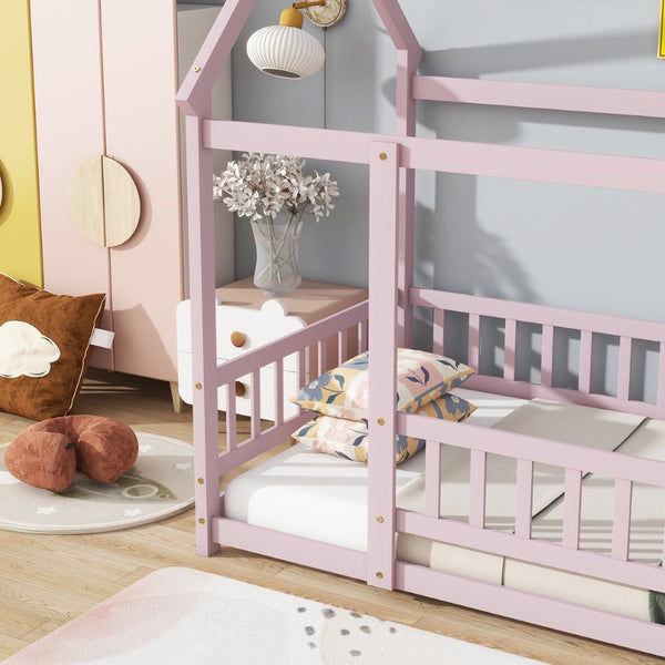 English Elm Twin Size House Floor Bed With Charming Roof Frame, Safety Guardrails & Soft Pink Finish For Kids W504P286405-GIGA