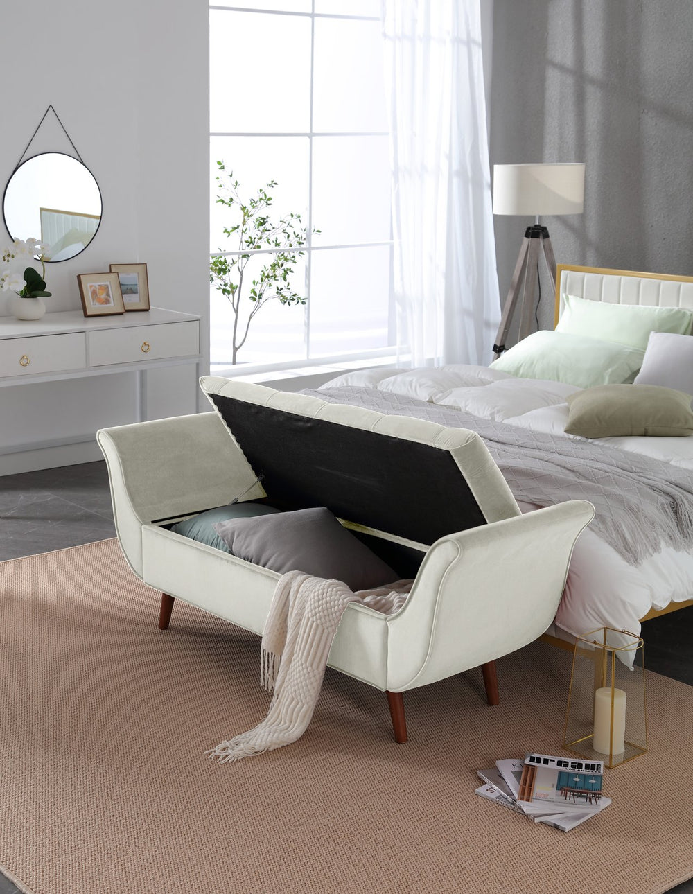 English Elm Vintage Button Tufted Velvet Storage Bench Mid Century Seat for Bedroom Entryway Beige W2795P428370