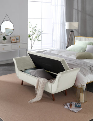 English Elm Vintage Button Tufted Velvet Storage Bench Mid Century Seat for Bedroom Entryway Beige W2795P428370