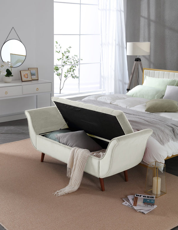 English Elm Vintage Button Tufted Velvet Storage Bench Mid Century Seat for Bedroom Entryway Beige W2795P428370