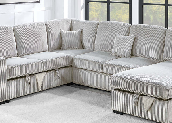 English Elm Modern Corduroy 4-piece Sectional with Storage Pull Out Bed and Usb Charging Port Ivory B011S02179