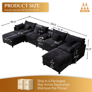 English Elm 145-inch U-shaped Sectional Sofa Seven Piece Woolen Set with Console and Memory Foam Black W2564S00051