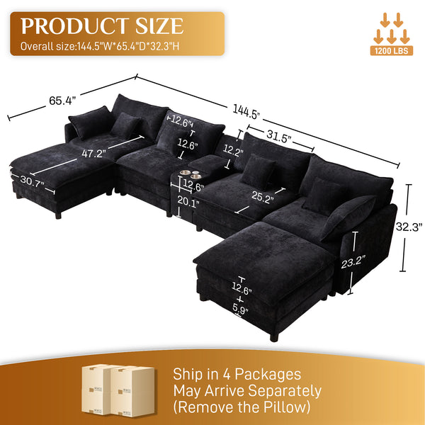 English Elm 145-inch U-shaped Sectional Sofa Seven Piece Woolen Set with Console and Memory Foam Black W2564S00051