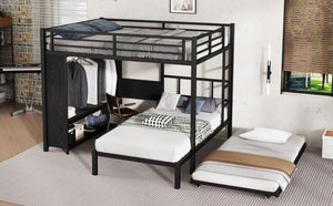 English Elm Queen Over Twin Bunk Bed With Wardrobe, Trundle, Foldable Desk & Noise-Reducing Design In Black W1580S00137-GIGA