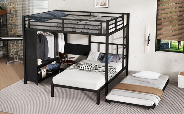 English Elm Queen Over Twin Bunk Bed With Wardrobe, Trundle, Foldable Desk & Noise-Reducing Design In Black W1580S00137-GIGA