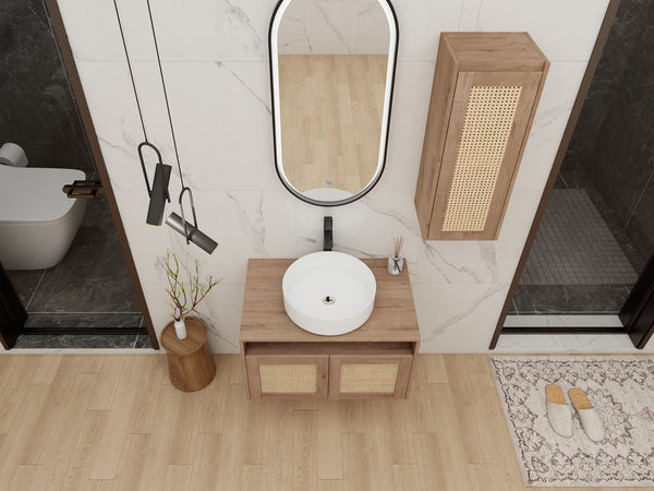 English Elm 30" Wall Mounted Bathroom Vanity Oak Finish Ceramic Art Sink Soft Close Storage W999S00495