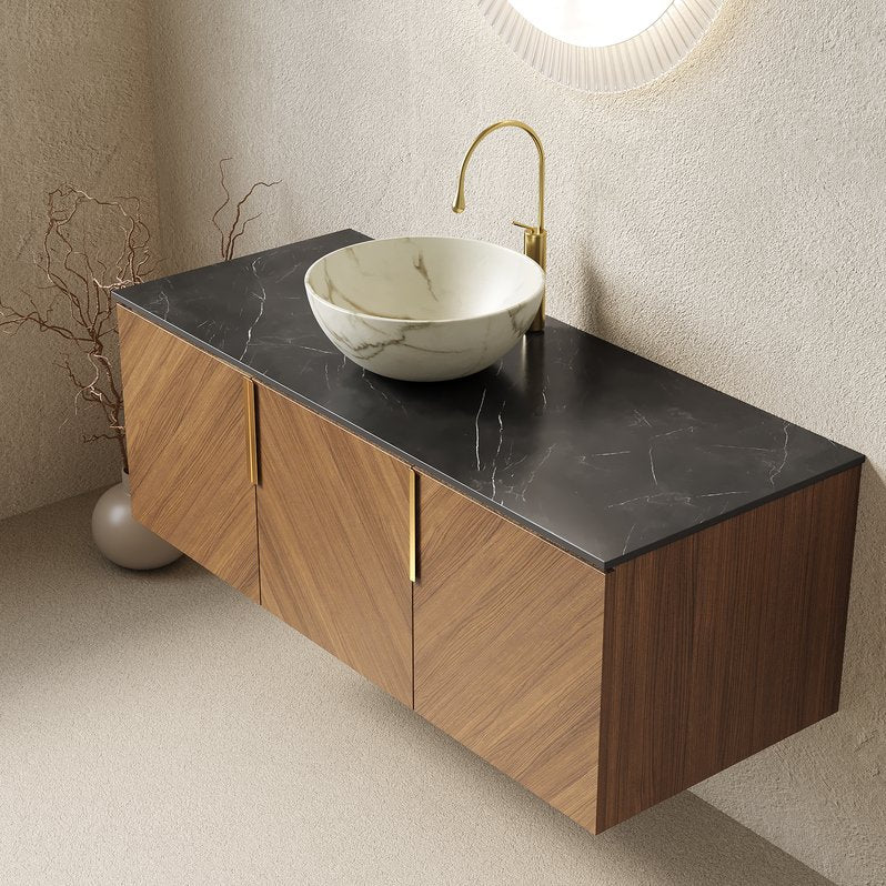 English Elm Arai 48 Inch Wall Mounted Bathroom Vanity Oak Plywood Cabinet Sintered Stone Top W2615S00547