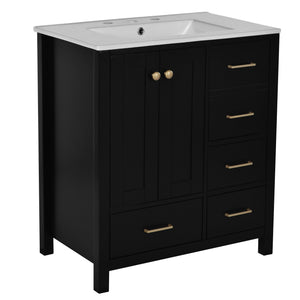 English Elm 30'' Elegant Freestanding Bathroom Vanity With Ceramic Sink, Soft-Close Drawers & Timeless Black Finish N710P194420B