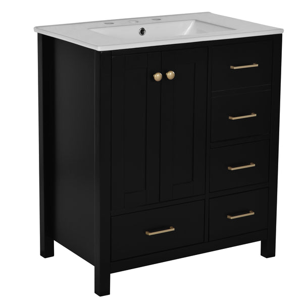 English Elm 30'' Elegant Freestanding Bathroom Vanity With Ceramic Sink, Soft-Close Drawers & Timeless Black Finish N710P194420B