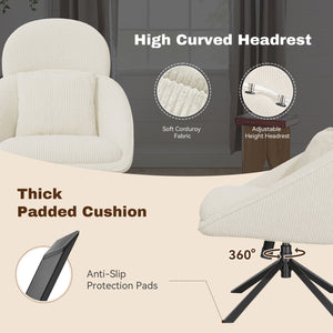 English Elm Modern Swivel Accent Chair with Adjustable Headrest, Oversized Corduroy Upholstered Rocking Recliner for Living Room Beige T3950P397486