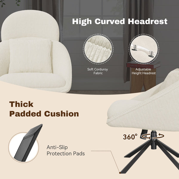 English Elm Modern Swivel Accent Chair with Adjustable Headrest, Oversized Corduroy Upholstered Rocking Recliner for Living Room Beige T3950P397486
