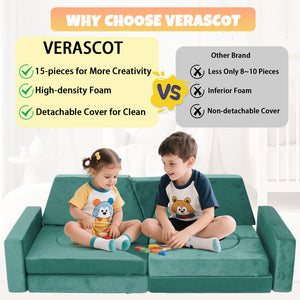 English Elm 15pcs Modular Toddler Play Couch Set Velvet Foam Fort Building Playroom Seating Green T5880P493417