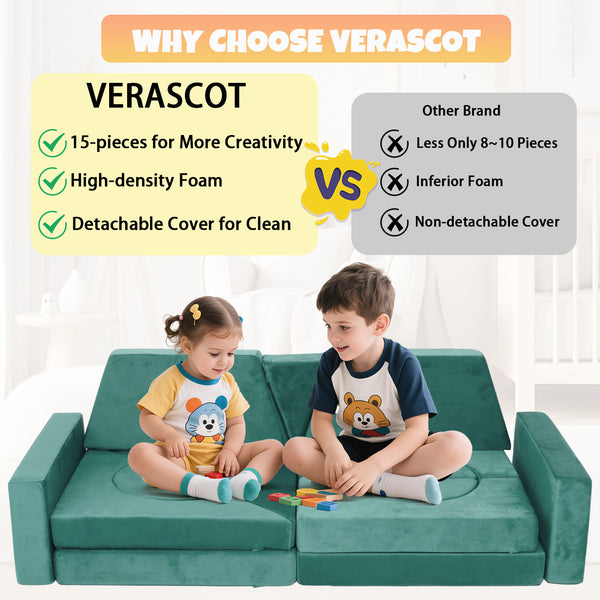 English Elm 15pcs Modular Toddler Play Couch Set Velvet Foam Fort Building Playroom Seating Green T5880P493417