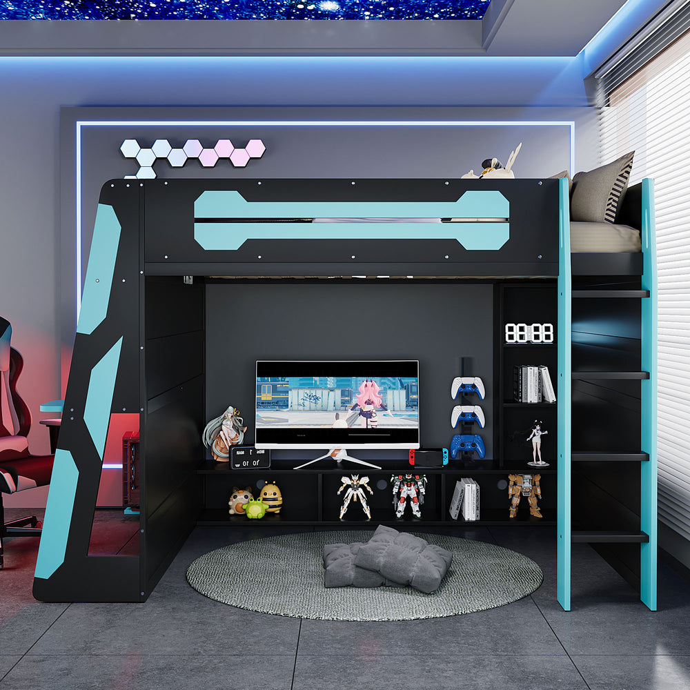 English Elm Full Size Wood Loft Bed with Rgb Lighting Desk Storage and Gaming Console Shelf Blue LT000260AAC