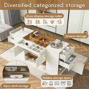 English Elm Modern Luxury Island Vanity Dresser with Brown Glass Top, 6 Drawers, Display Shelves & Jewelry Tray for Bedroom Walk-In Closet Stylish Storage BS325564AAK