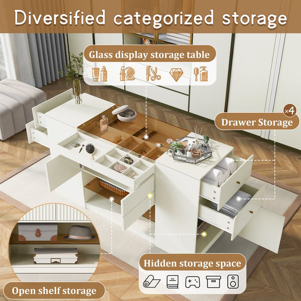English Elm Modern Luxury Island Vanity Dresser with Brown Glass Top, 6 Drawers, Display Shelves & Jewelry Tray for Bedroom Walk-In Closet Stylish Storage BS325564AAK
