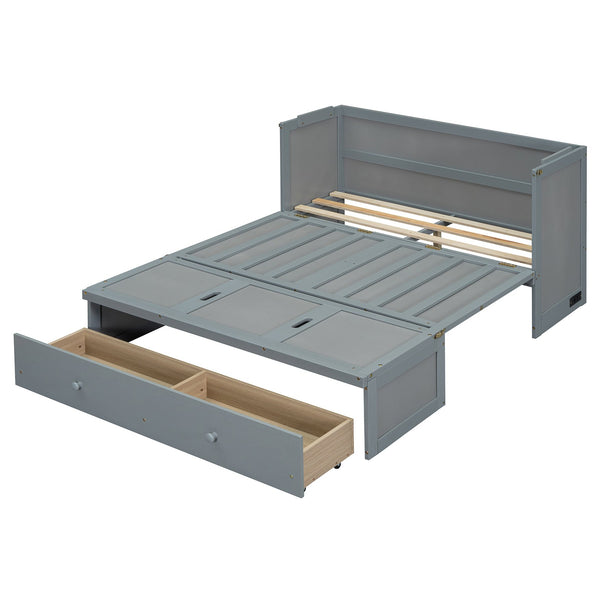 English Elm Full Size Wall Murphy Bed Cabinet with Storage Drawer and Built-in Usb Charging Gray N708P205903E
