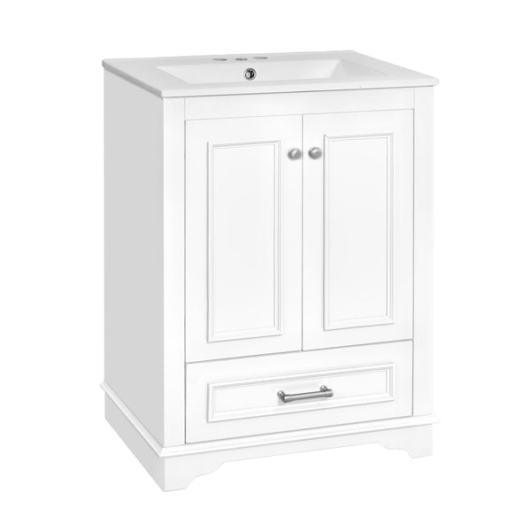 English Elm 24'' Bathroom Vanity with Ceramic Sink Combo Modern Freestanding MDF Cabinet with Soft-Close Doors and Sleek Silver Handles for Spacious Organized Bathroom Storage White N710P194893K