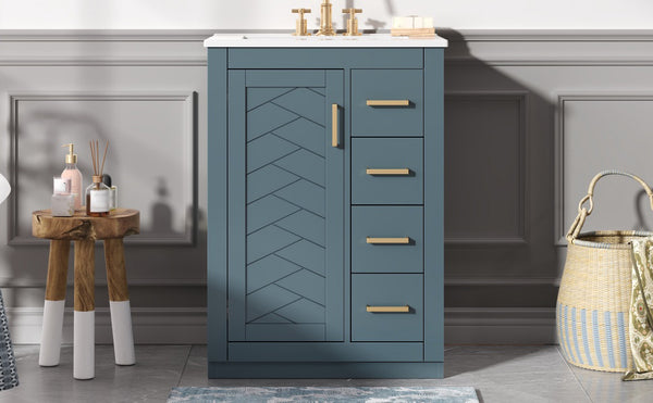 English Elm 24" Bathroom Vanity With Ceramic Sink - Stylish Blue Cabinet, Soft-Close Drawers & Modern Elegance N710P341038C