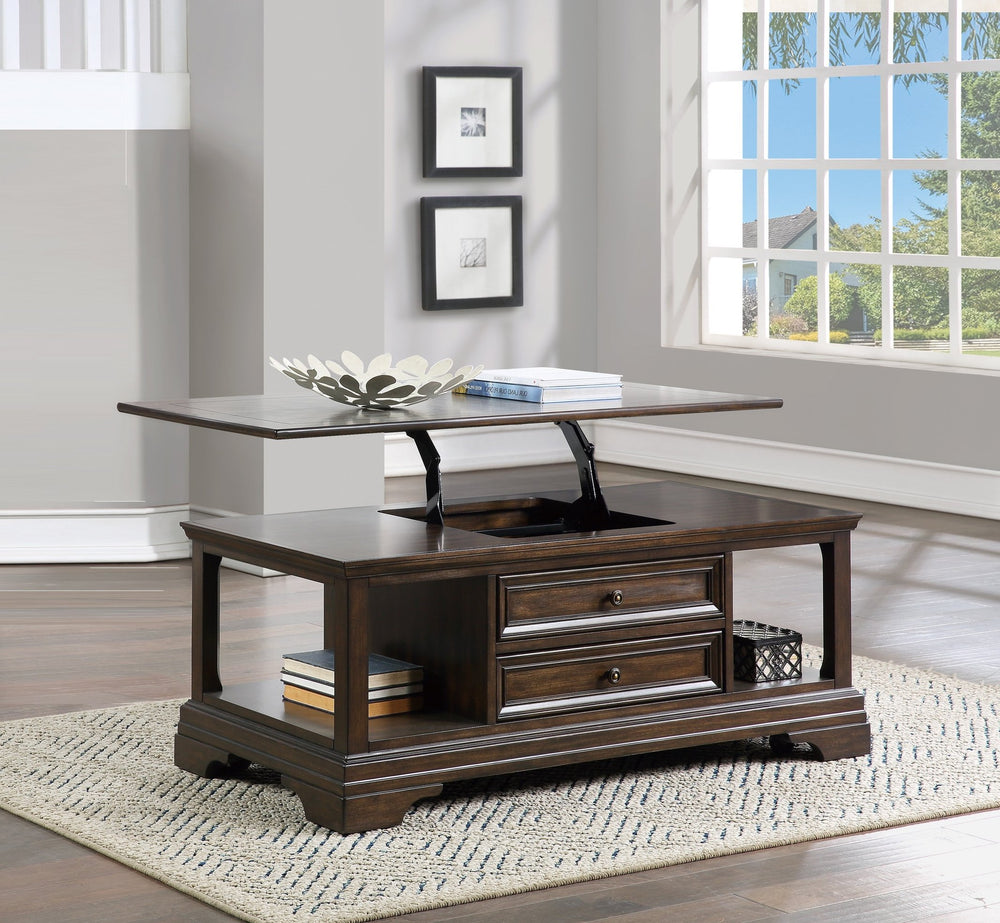 English Elm Traditional Lift Top Coffee Table Birch Veneer Storage Drawers Open Shelves Living Room B011P291536