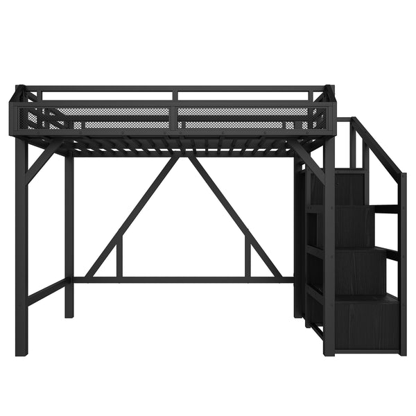 English Elm Twin Metal Loft Bed with Wardrobe Storage Stairs Led Lighting and Usb Ports W1580S00405