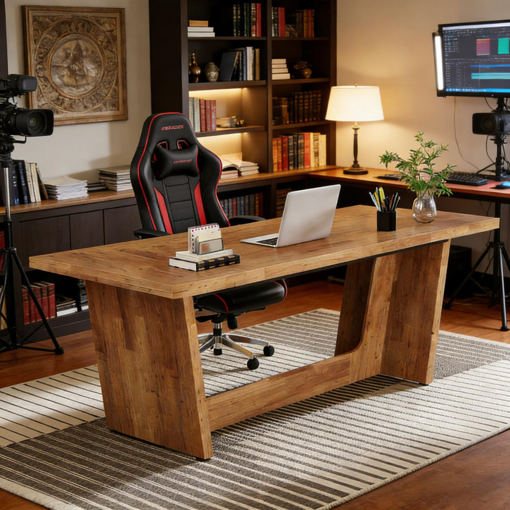 English Elm Industrial Executive Wood Desk with Rustic Brown Veneer for Home Office Workspaces T3971P451536
