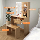 English Elm Vanity Desk Set Stool & Dressing Table With Led Lighting Mirror Drawer and Compartments Modern Wood Cosmetic Table Chest Of Drawers Nature Color