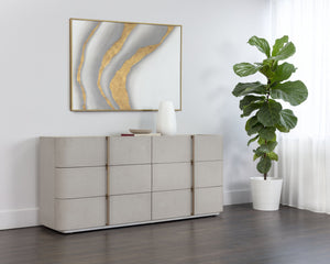 Sunpan Jamille Dresser - Elegant Cream Faux Leather with Brown Oak Top, 6 Soft-Close Drawers & Brass Base