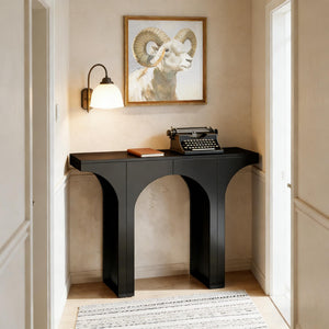 English Elm Entryway Console Table with Sculptural Stacked Wood Panels and Open Arc Base T3971P453499