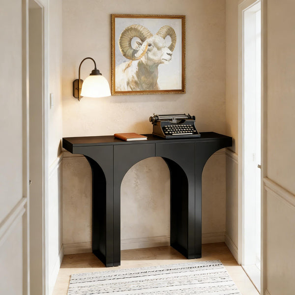 English Elm Entryway Console Table with Sculptural Stacked Wood Panels and Open Arc Base T3971P453499