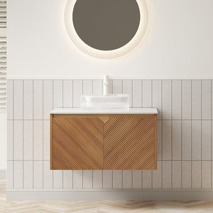 English Elm Muri Floating Bathroom Vanity Plywood Cabinet Sintered Stone Top Oak Drawer W2615S00530