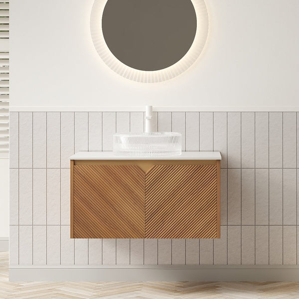 English Elm Muri Floating Bathroom Vanity Plywood Cabinet Sintered Stone Top Oak Drawer W2615S00530