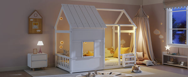 English Elm Twin House Frame Floor Bed Pinewood Build with Led Roofline Kids Bedroom White W697P435880