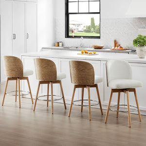 English Elm Jennifer Taylor Home - Tomlin Bentwood Swivel Counter Stools Set of 2 Off-White Bouclé — 360° Swivel, Padded Seats, Chrome Footrest, Solid Wood Legs B2719P328583
