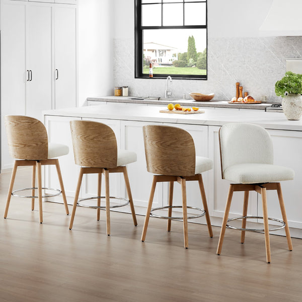 English Elm Jennifer Taylor Home - Tomlin Bentwood Swivel Counter Stools Set of 2 Off-White Bouclé — 360° Swivel, Padded Seats, Chrome Footrest, Solid Wood Legs B2719P328583