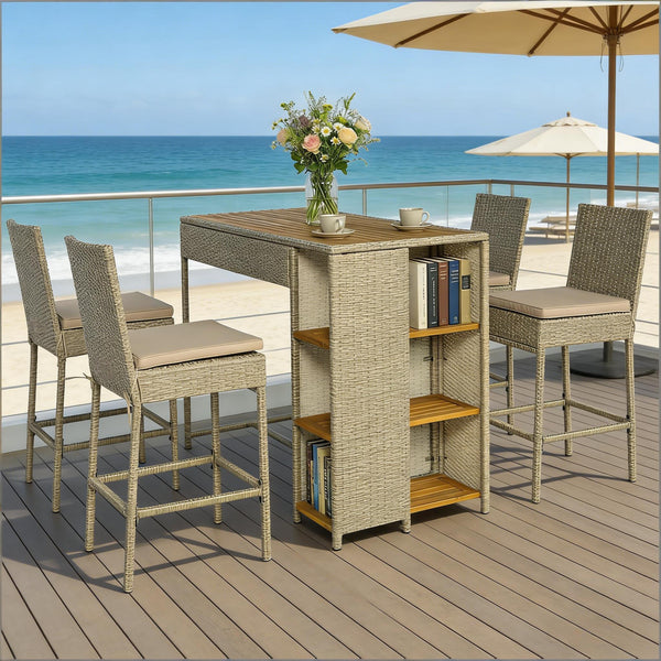 English Elm Garden Dialogue Acacia and Wicker Outdoor Bar Set with Four Tucking Barstools Beige+Brown,Natural Wood T3971S00205