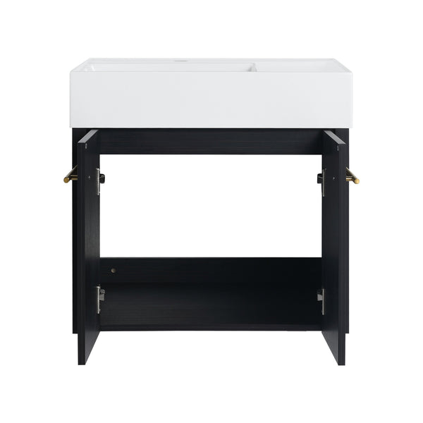 English Elm 24 Inch Wall-Mounted Bathroom Vanity Set With Thick Resin Sink, Storage Rack & Soft-Close Doors W999S00366
