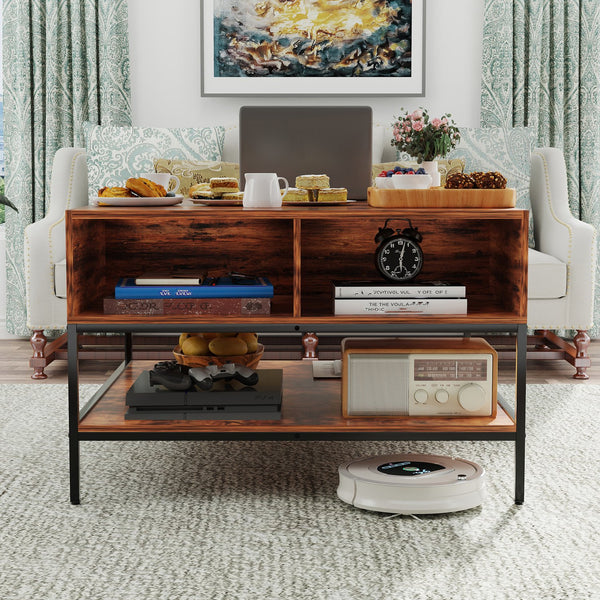 English Elm Flip-Top Farmhouse Coffee Table with Hidden Storage, 31.5" Lift-Top, Dark Walnut & Black Metal Elegance W2735P332169