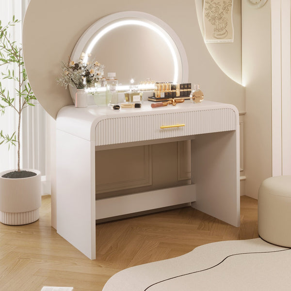 English Elm 39" Makeup Vanity Table with Touchscreen LED Mirror, Sleek Dressing Table with Drawer and Glass Top - Durable Rubberwood, Fast Assembly White N704P196658K
