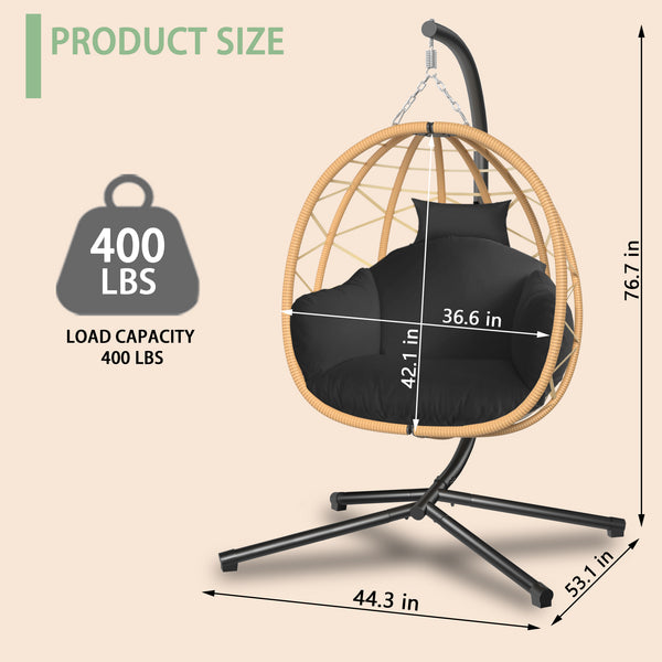 English Elm Hanging Rattan Nest Egg Chair with Stand Uv Resistant Cushion Patio Bedroom Lounge T5880P494883
