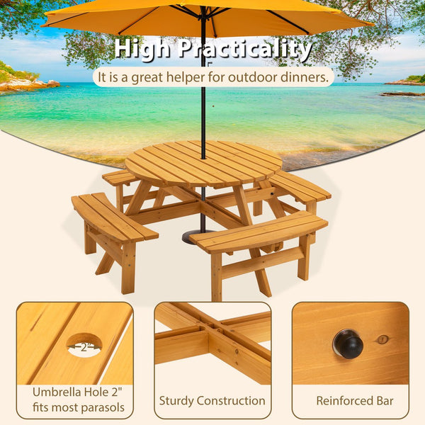English Elm 8 Person Round Fir Wood Picnic Table with Four Built-in Benches for Outdoor Dining W1422P354744