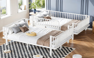 English Elm Queen Over Metal Bunk Bed Convertible Platform Frame with Safety Guardrails Light White W5305S00064